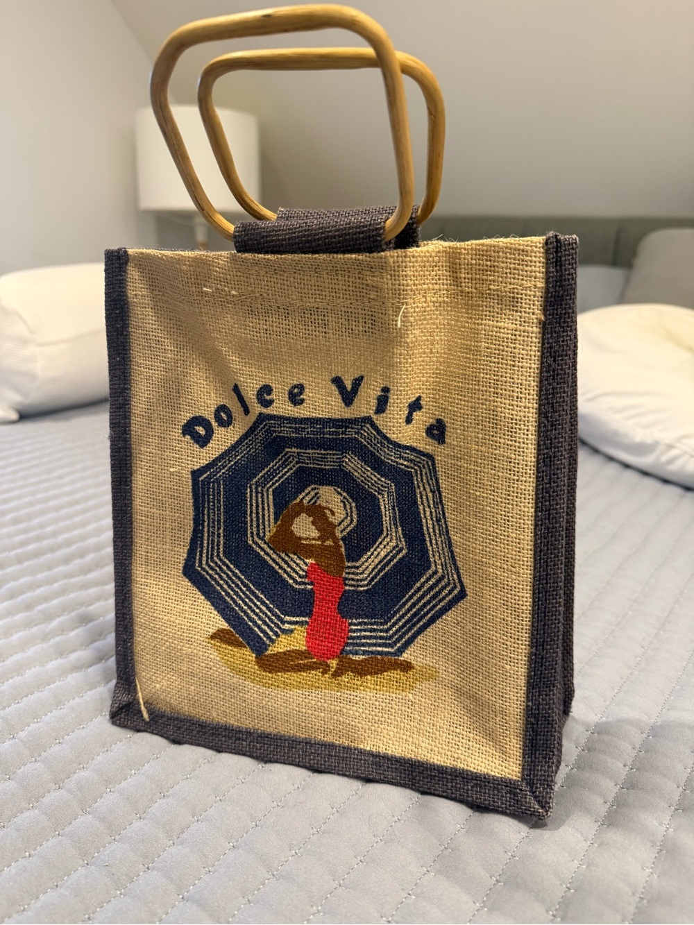 Source Unknown Beige Jute Tote with Navy Trim and Multicolor Embroidery - Picture 8 of 9
